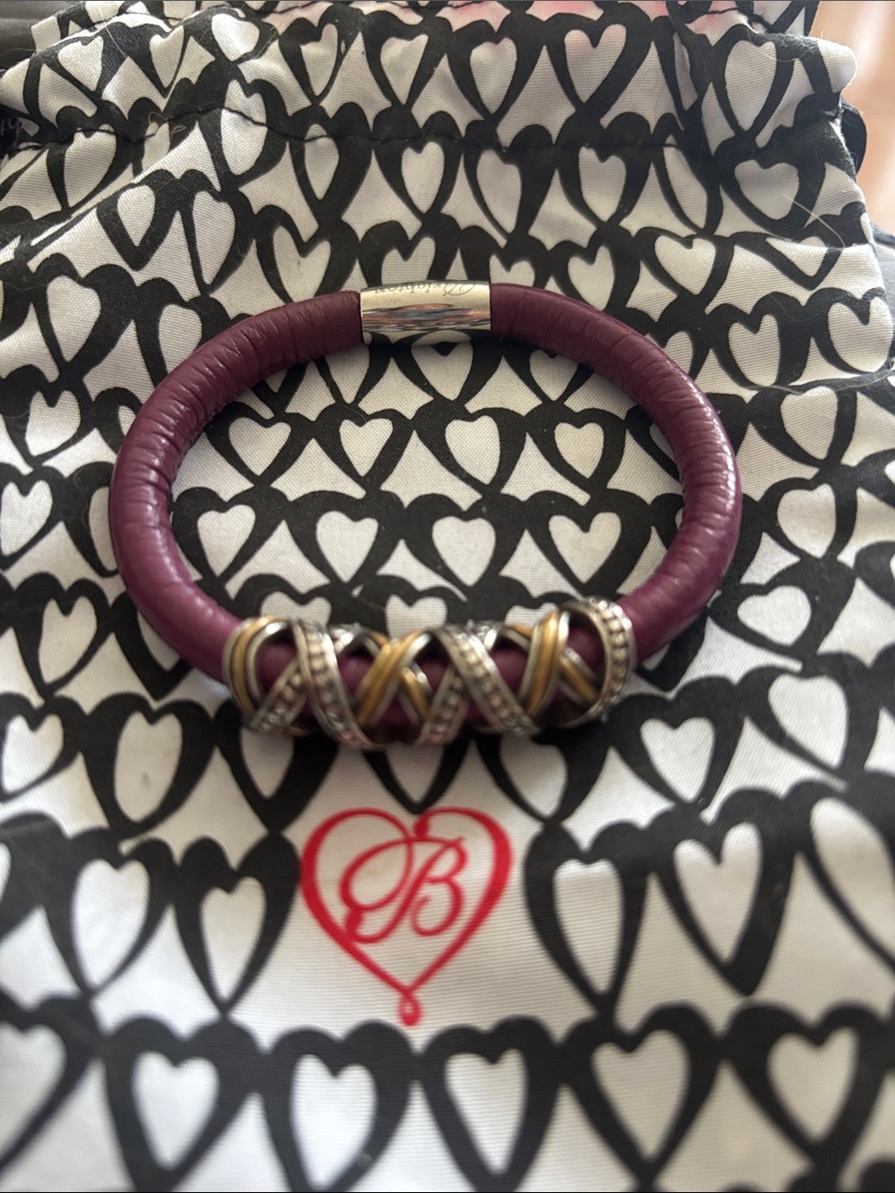 Brighton Plum Leather Woodstock Bracelet with Gold & Silver Long Bead